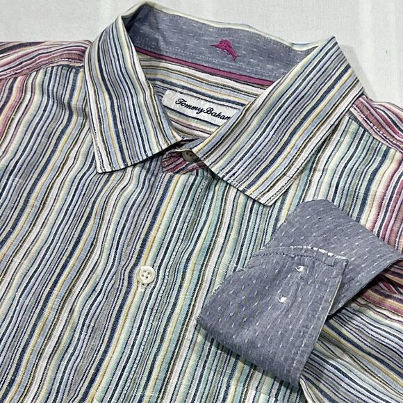 Tommy Bahama Men Multicolor Striped Long Sleeve Button Up Linen Shirt Size Large - Picture 1 of 8